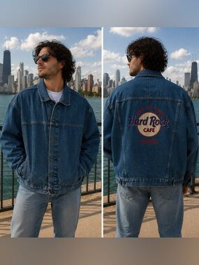 Hard Rock Café Chicago AUTHENTIC Men’s Denim Jacket   Save The Planet Logo Sz XL